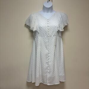 Charcoal Pale Lt Blue Swiss Dot Flutter Sleeve Mini Dress Boho Cottagecore XL